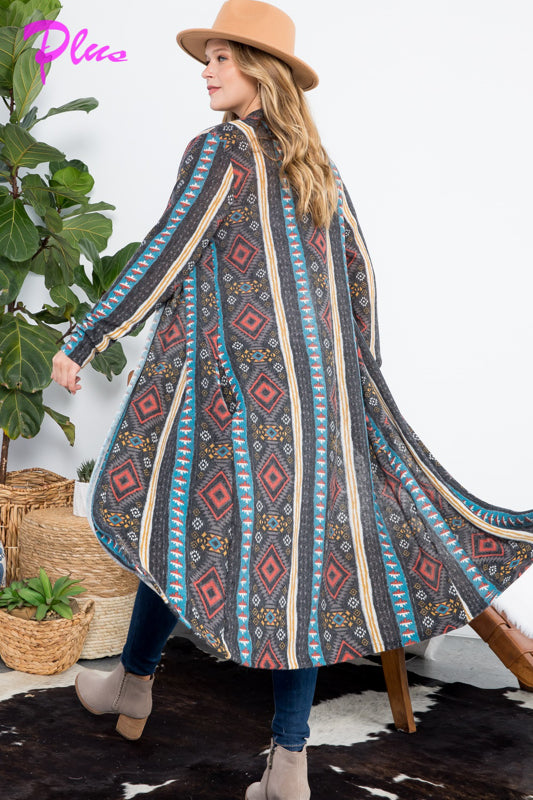 PLUS AZTEC PRINT LONG CARDIGAN