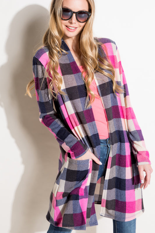 FUZZY PLAID CARDIGAN