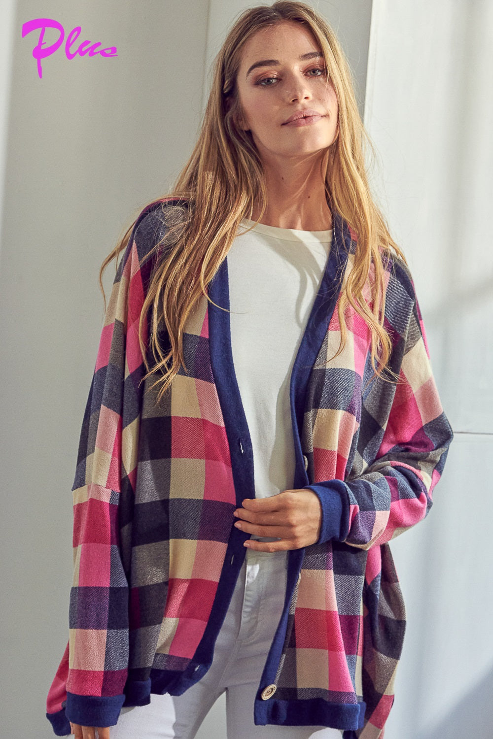 PLUS PLAID BUTTONDOWN BOXY CARDIGAN