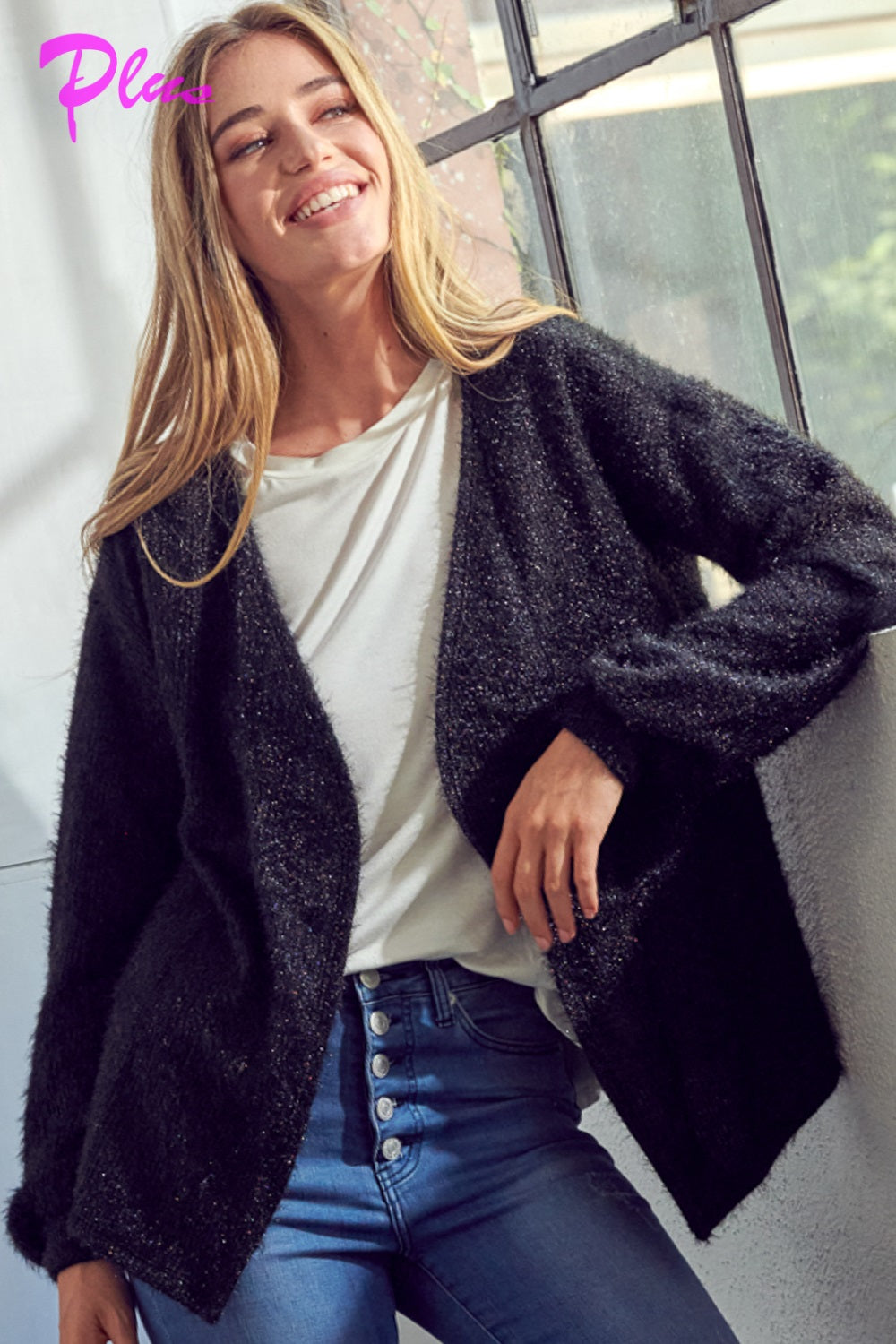 PLUS SOLID FUZZY CHUNKY CARDIGAN