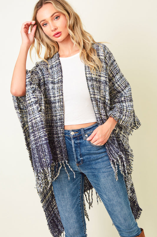 MULTI PLAID FRINGE PONCHO SHAWL