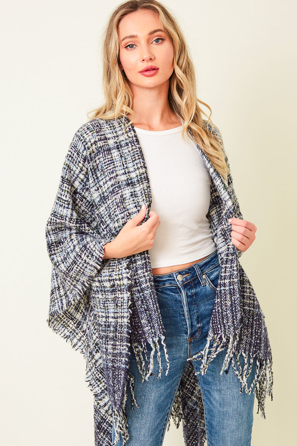 MULTI PLAID FRINGE PONCHO SHAWL