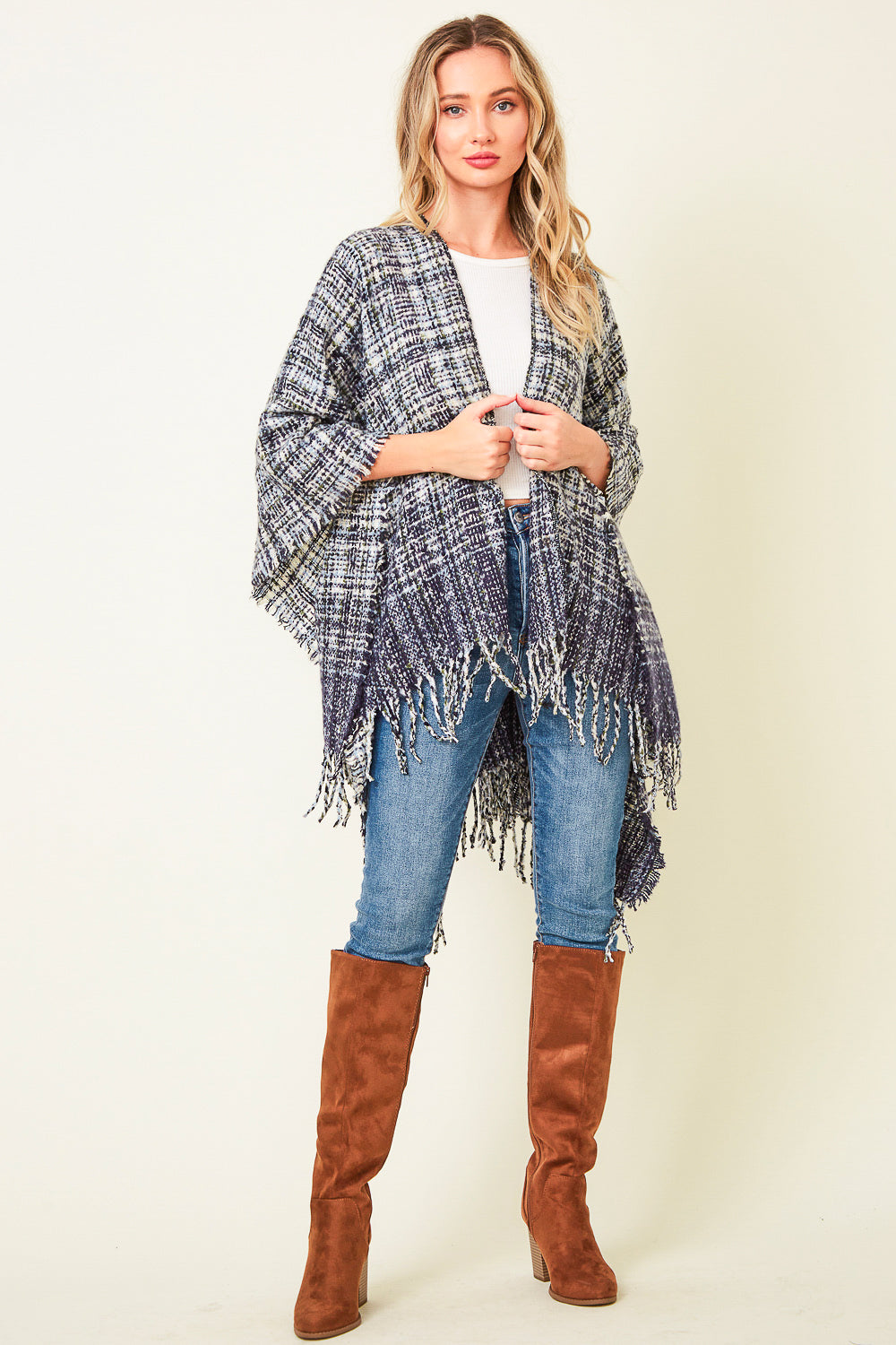 MULTI PLAID FRINGE PONCHO SHAWL