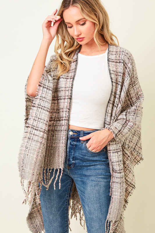 MULTI PLAID FRINGE PONCHO SHAWL