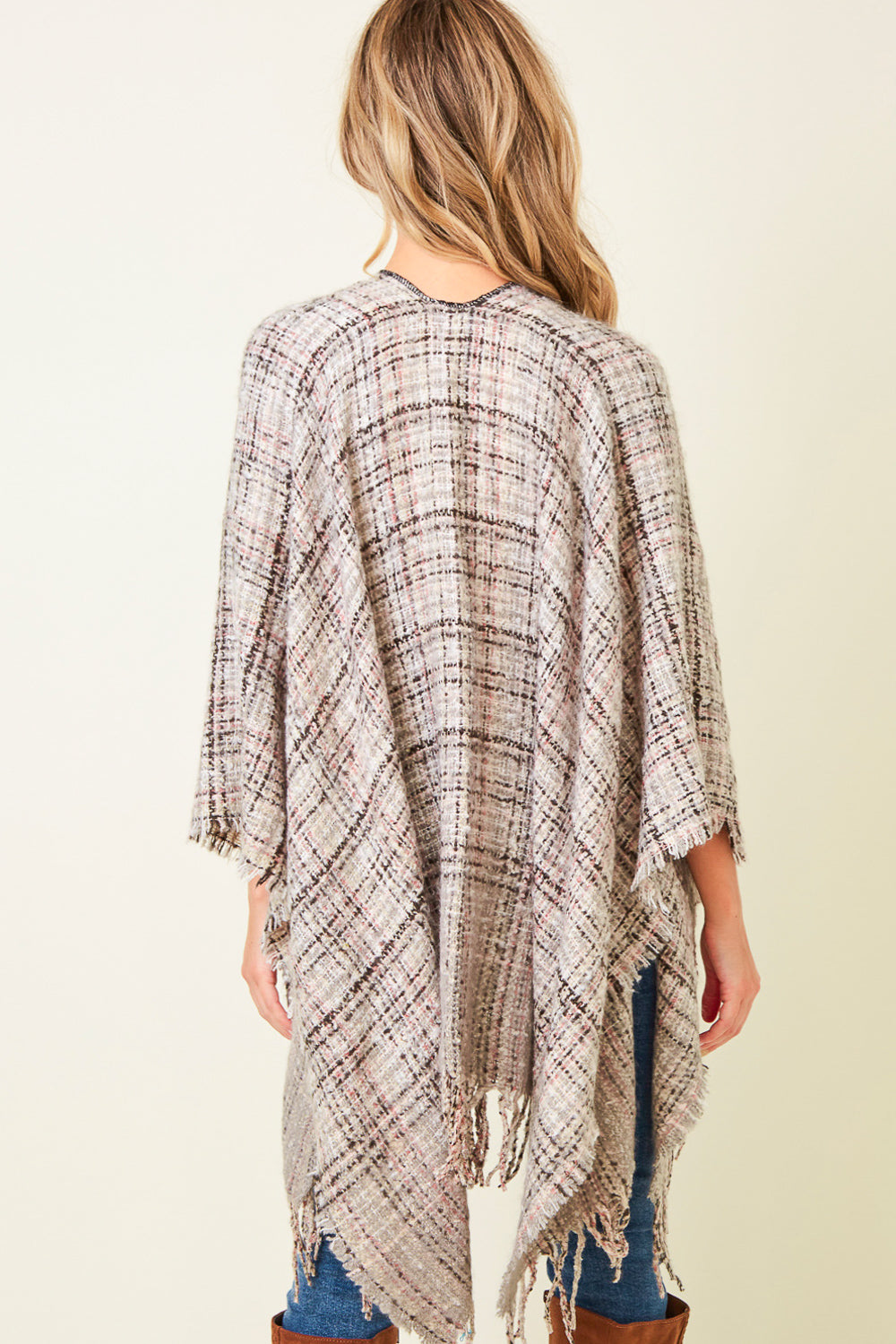 MULTI PLAID FRINGE PONCHO SHAWL