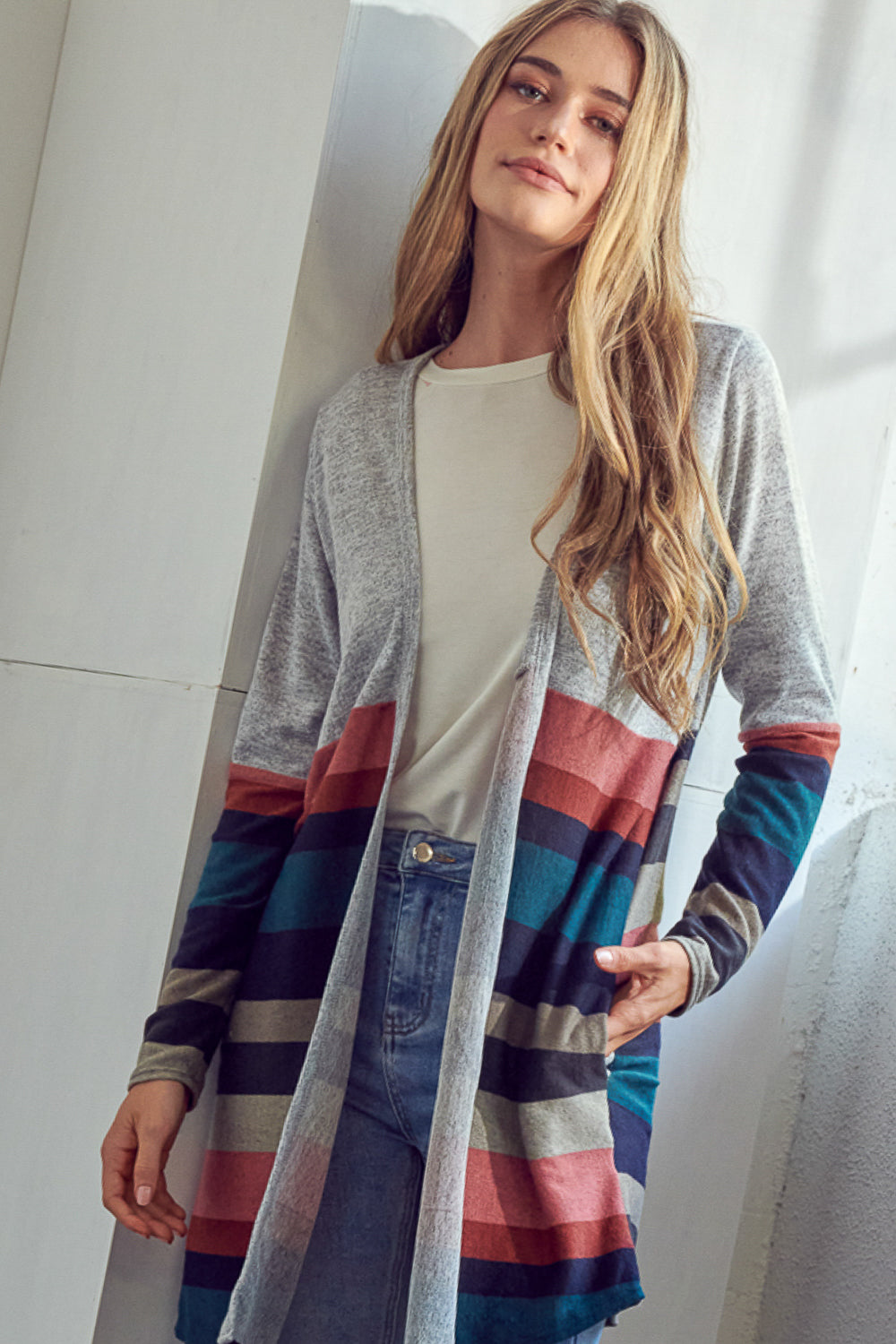 BRUSHED STRIPE SOLID MIX CARDIGAN