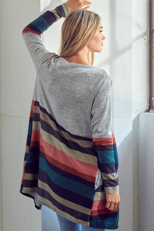 BRUSHED STRIPE SOLID MIX CARDIGAN