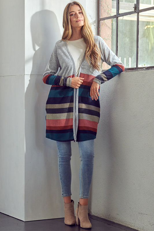 BRUSHED STRIPE SOLID MIX CARDIGAN