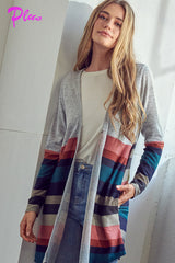 LUS BRUSHED STRIPE SOLID MIX CARDIGAN