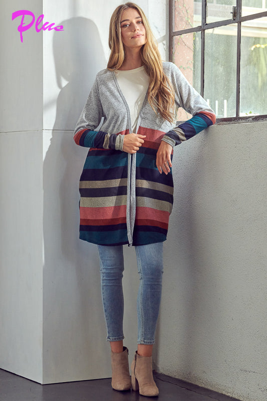 LUS BRUSHED STRIPE SOLID MIX CARDIGAN