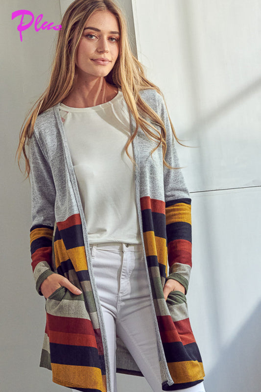 LUS BRUSHED STRIPE SOLID MIX CARDIGAN