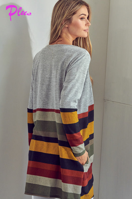 LUS BRUSHED STRIPE SOLID MIX CARDIGAN