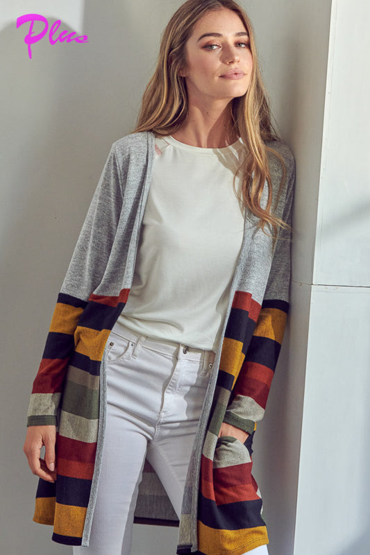 LUS BRUSHED STRIPE SOLID MIX CARDIGAN