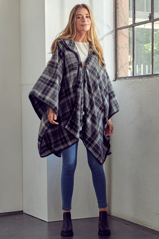 TOGGLE CLOSE PLAID PONCHO