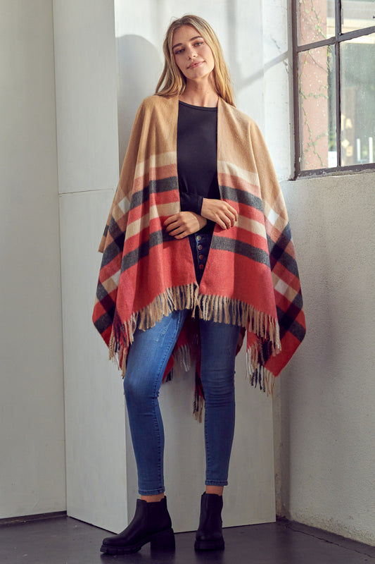 PLAID PATTERN SHAWL PONCHO