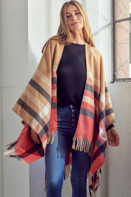 PLAID PATTERN SHAWL PONCHO