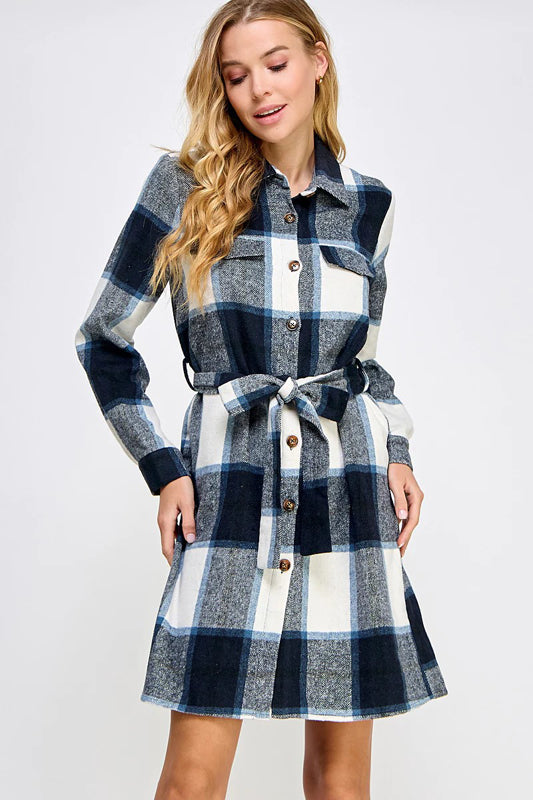 PLAID BELTED LONG SHIRT JACKET