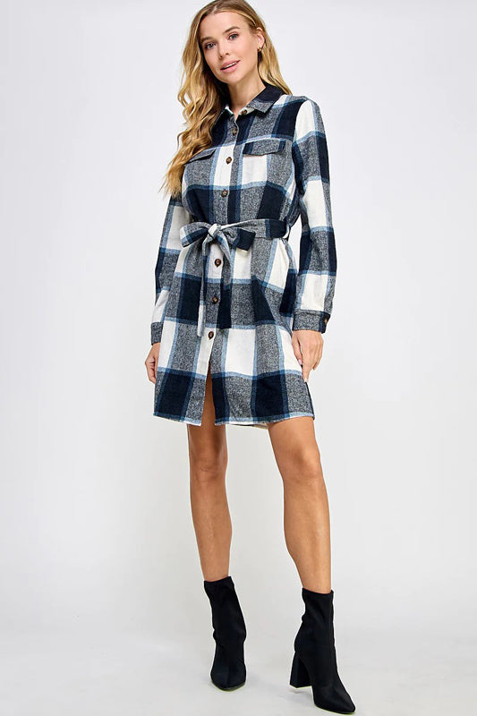 PLAID BELTED LONG SHIRT JACKET