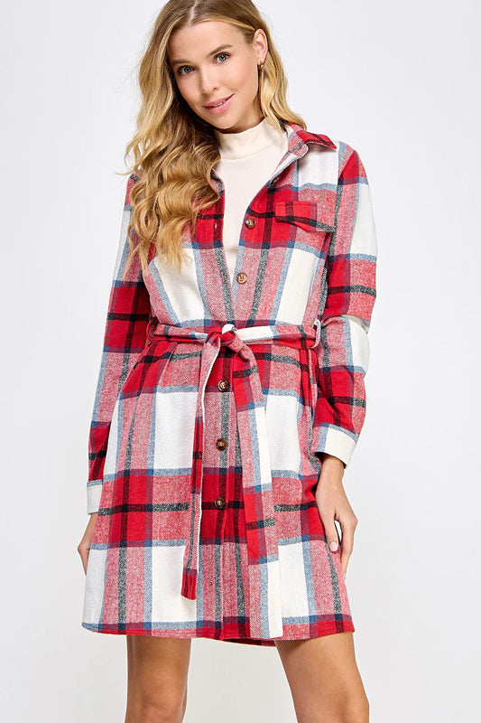 PLAID BELTED LONG SHIRT JACKET