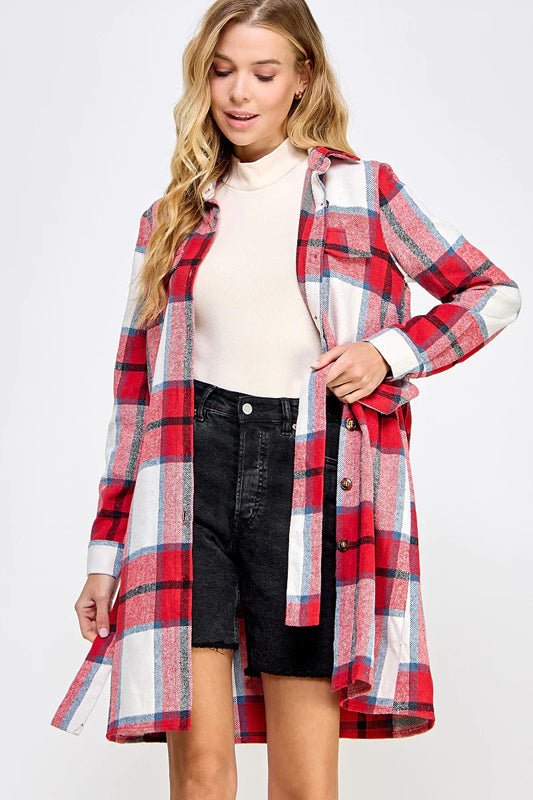 PLAID BELTED LONG SHIRT JACKET