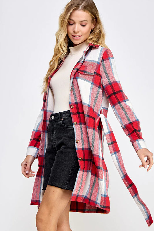 PLAID BELTED LONG SHIRT JACKET