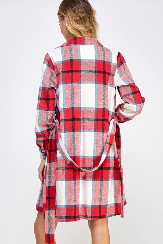 PLAID BELTED LONG SHIRT JACKET