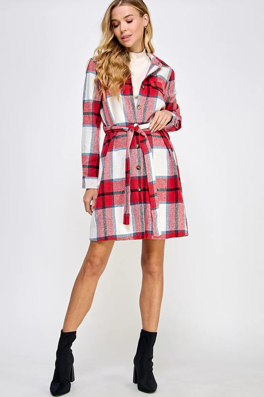 PLAID BELTED LONG SHIRT JACKET