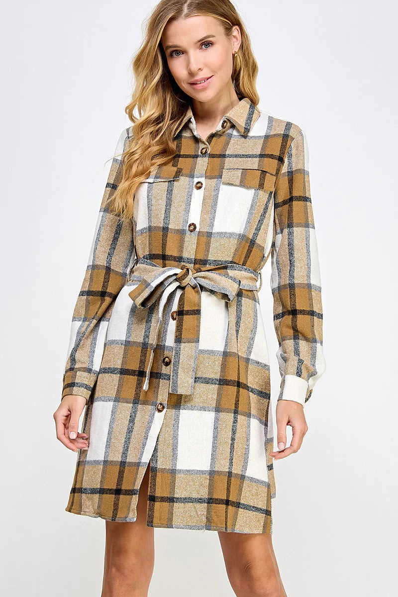 PLAID BELTED LONG SHIRT JACKET