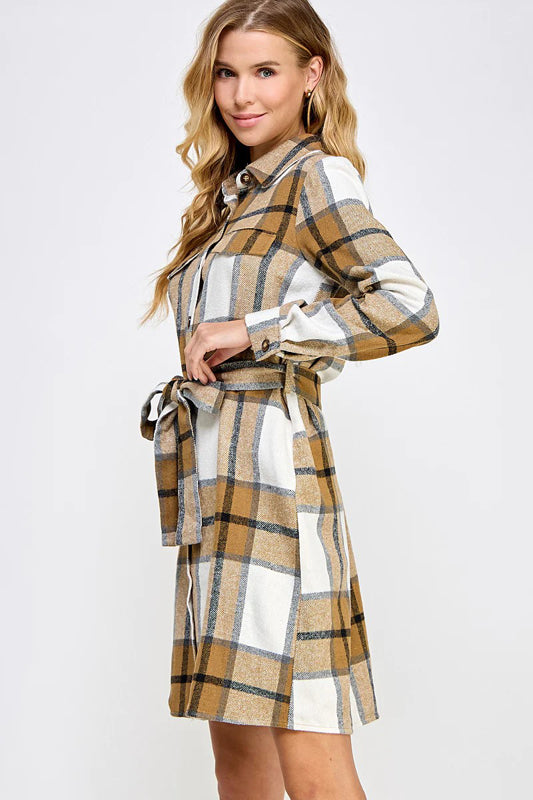 PLAID BELTED LONG SHIRT JACKET