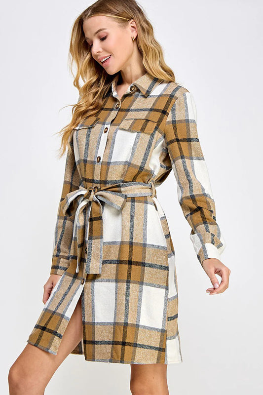 PLAID BELTED LONG SHIRT JACKET