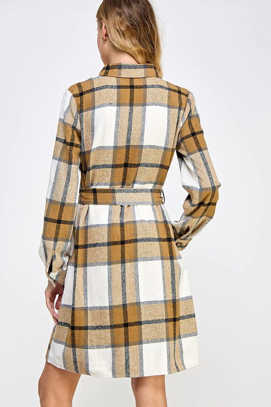 PLAID BELTED LONG SHIRT JACKET