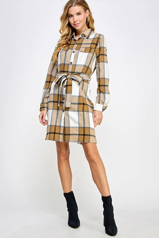 PLAID BELTED LONG SHIRT JACKET