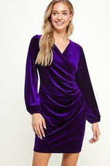 Stretch velvet surplice side pleat detail dress