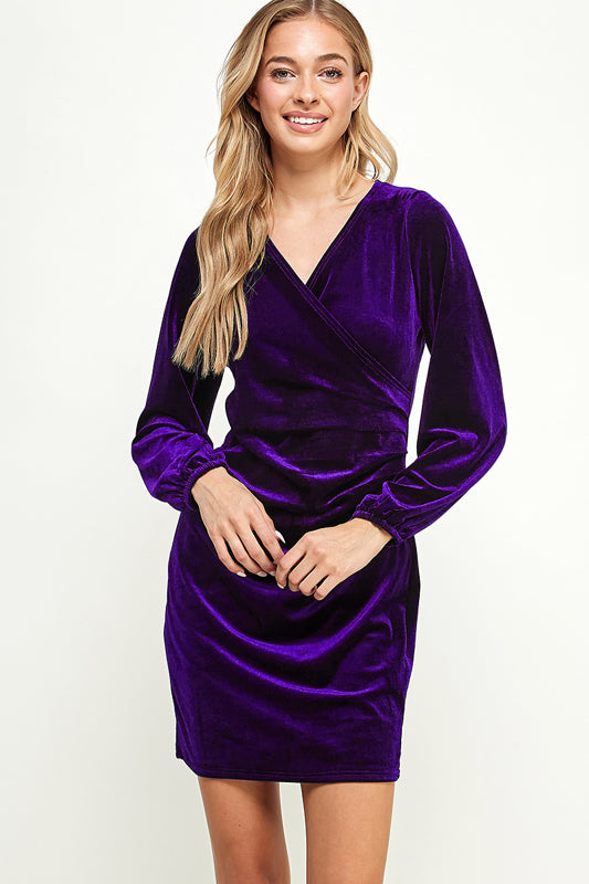 Stretch velvet surplice side pleat detail dress