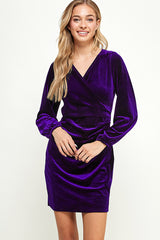 Stretch velvet surplice side pleat detail dress