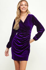 Stretch velvet surplice side pleat detail dress