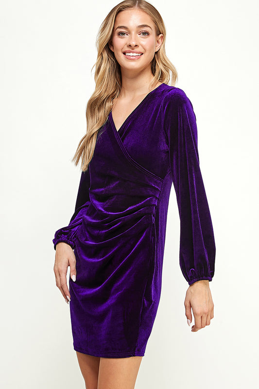 Stretch velvet surplice side pleat detail dress