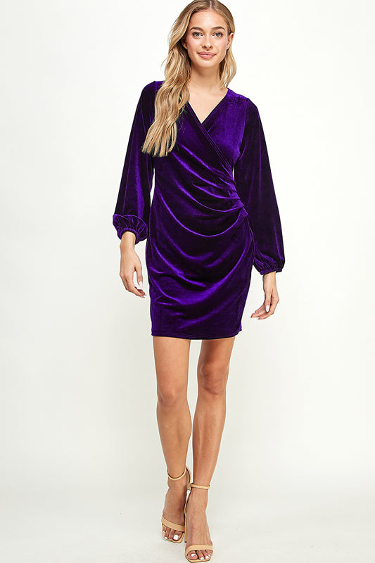 Stretch velvet surplice side pleat detail dress