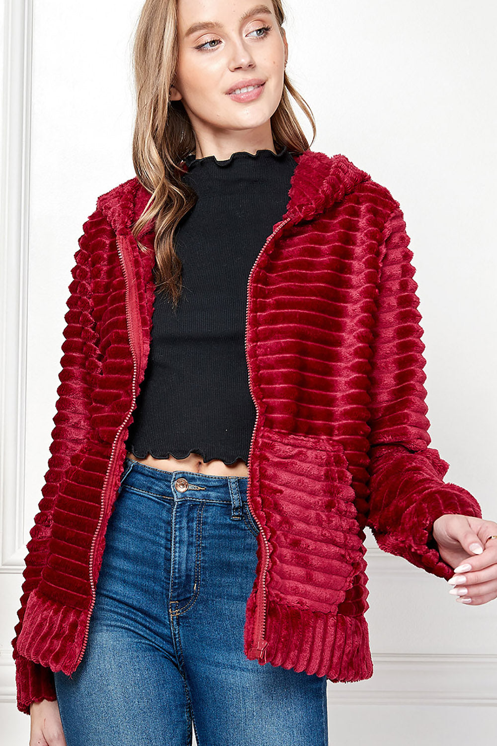 SOFT FLEECE FUAX FUR HOODIE JACKET