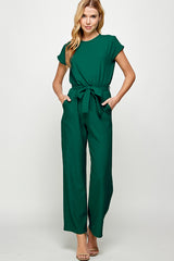 SOLID WOVEN BELTED JUMPSUIT