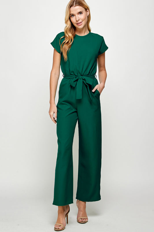 SOLID WOVEN BELTED JUMPSUIT