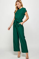 SOLID WOVEN BELTED JUMPSUIT