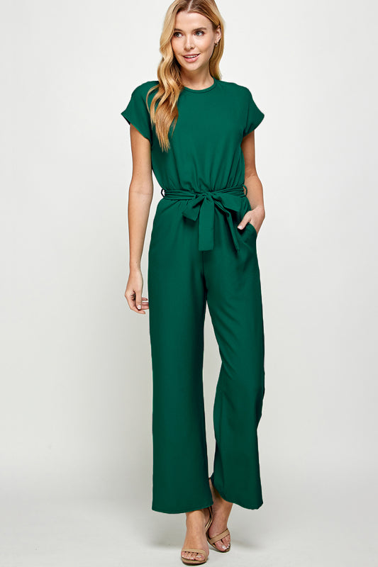 SOLID WOVEN BELTED JUMPSUIT