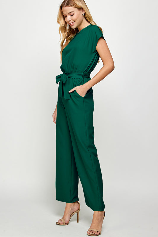 SOLID WOVEN BELTED JUMPSUIT