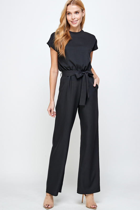 SOLID WOVEN BELTED JUMPSUIT