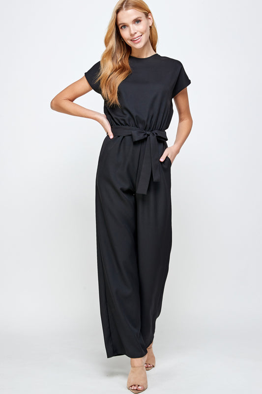 SOLID WOVEN BELTED JUMPSUIT