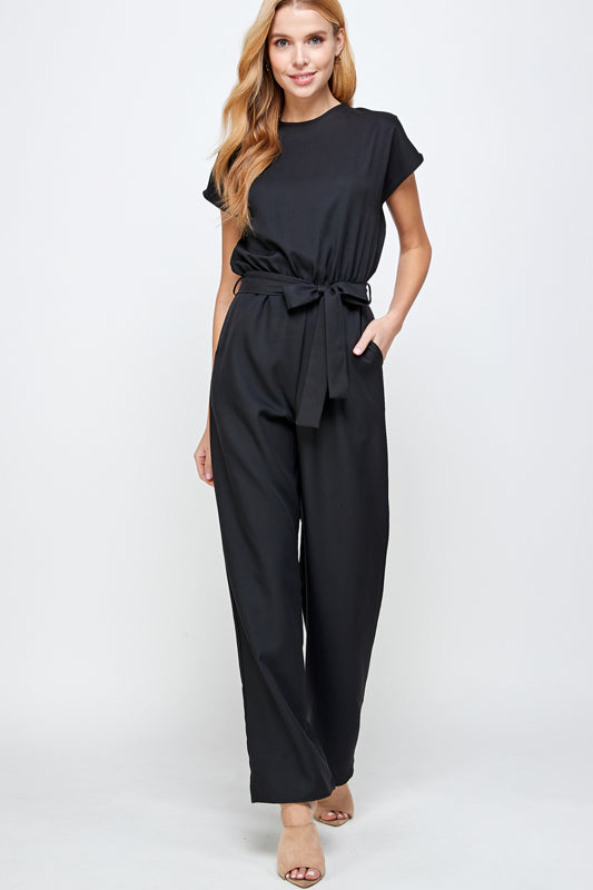 SOLID WOVEN BELTED JUMPSUIT