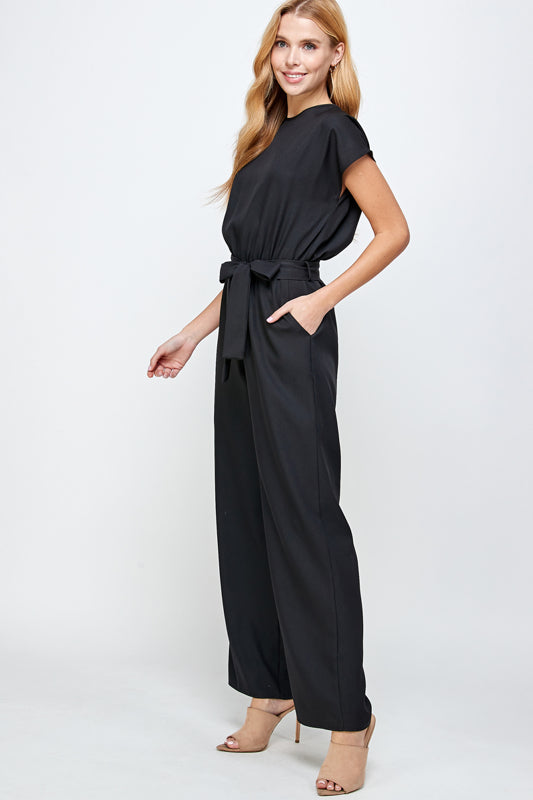 SOLID WOVEN BELTED JUMPSUIT