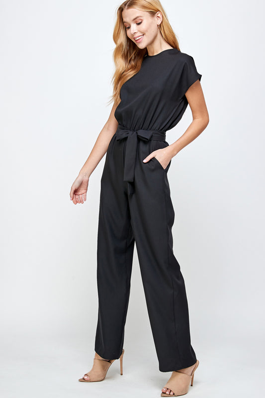 SOLID WOVEN BELTED JUMPSUIT