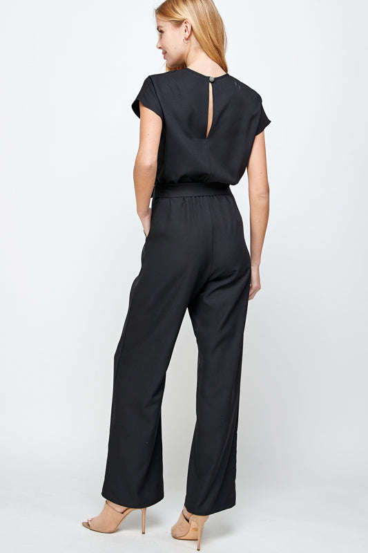 SOLID WOVEN BELTED JUMPSUIT